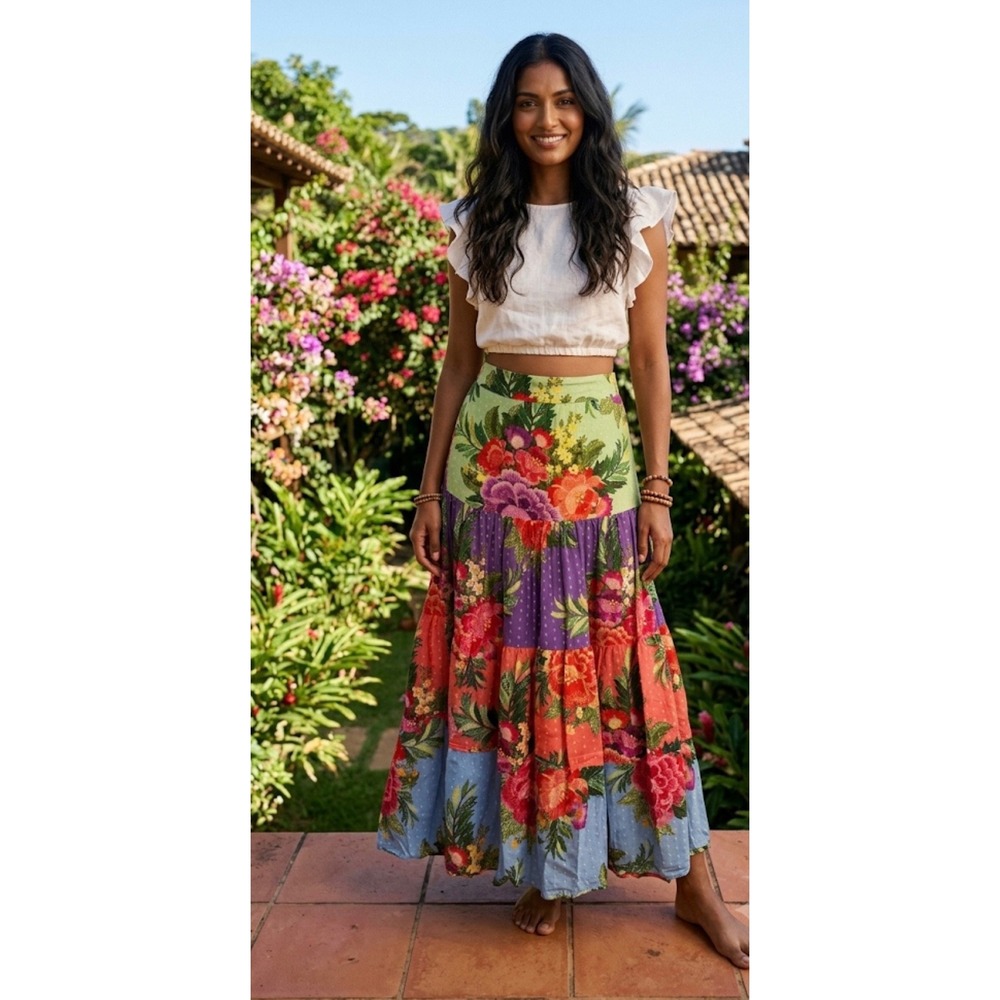 Farm Rio for Anthropologie Floral Tiered Swiss Dot Maxi Skirt Size XS